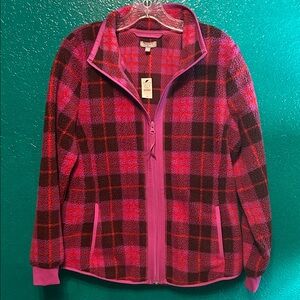 T by Talbots Plaid Fleece Jacket - Pink and Black